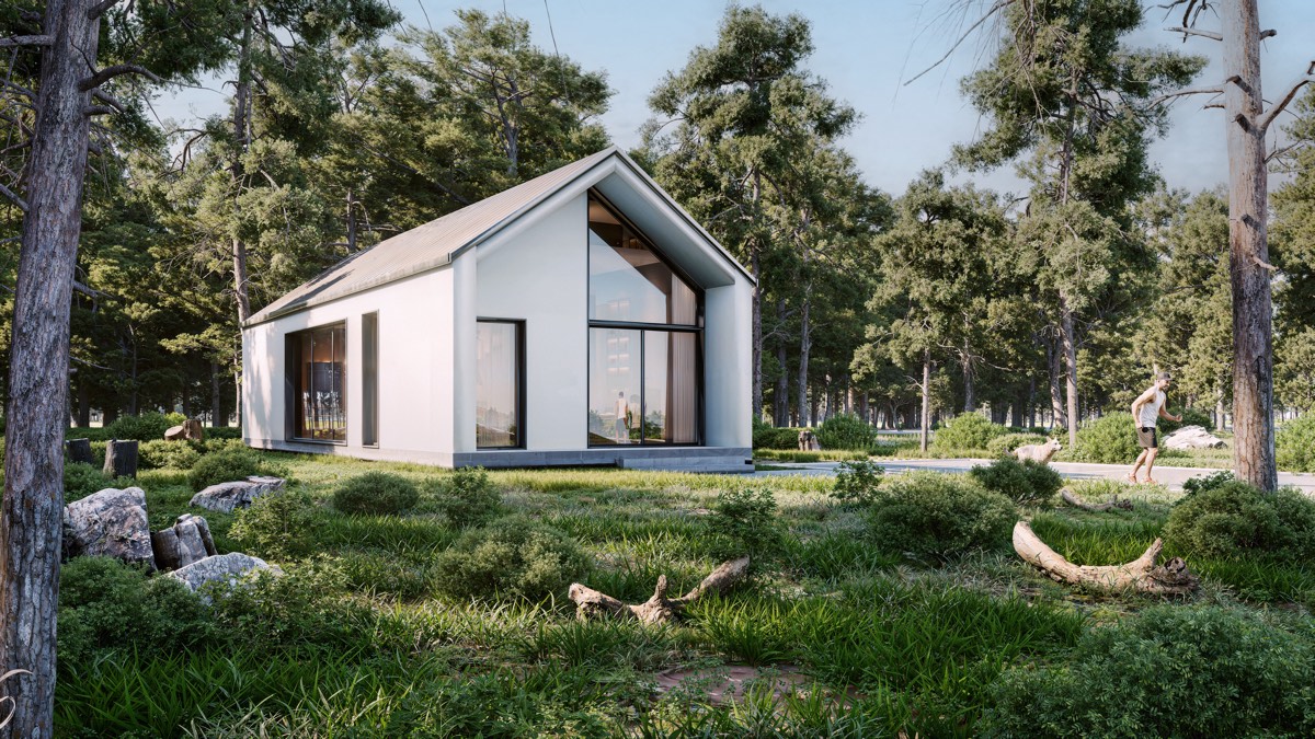 Randare 3D exterior: cabană minimalistă cu acoperiș în două ape și perete vitrat, amplasată într-o pădure de pini.