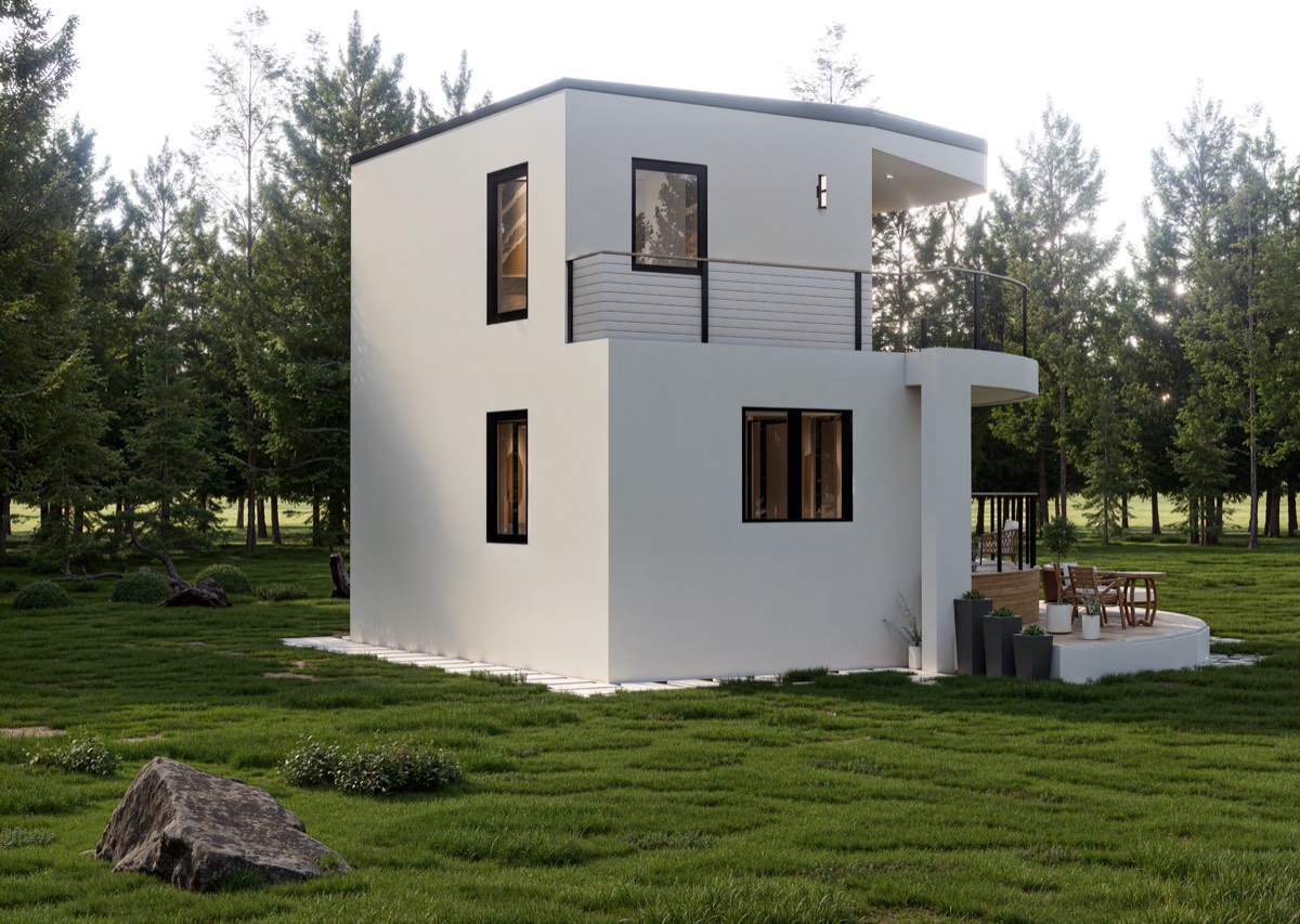 Randare 3D exterior: perspectivă de colț a vilei contemporane, cu ferestre înalte și finisaj alb mat.