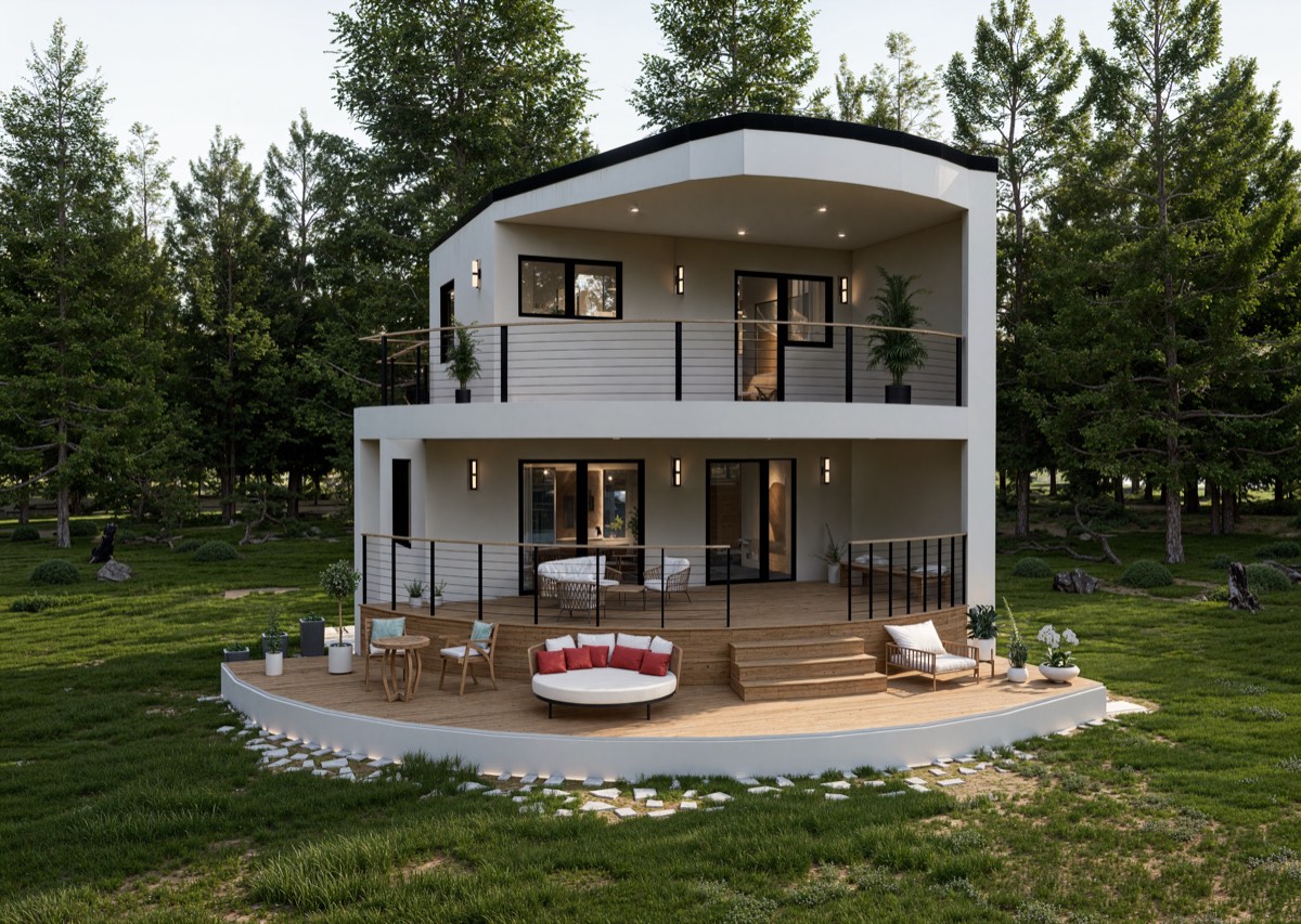 Randare 3D exterior: vilă contemporană cu terasă curbată din lemn și balcon la etaj, într-o poiană cu brazi.