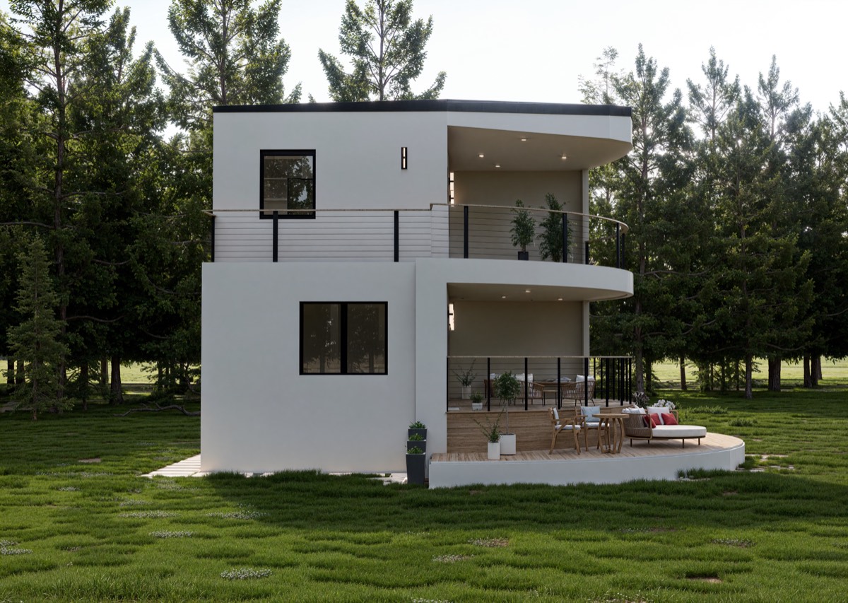 Randare 3D exterior: latura vilei contemporane, cu terasă acoperită din lemn și balustradă metalică.