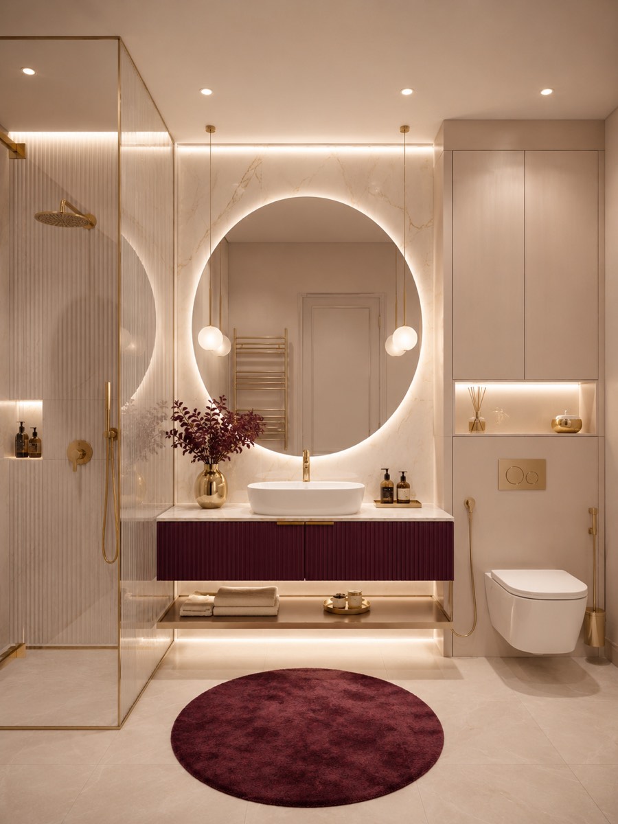 Randare 3D interior: baie cu mobilier riflat bordo, oglindă rotundă iluminată și accesorii aurii.
