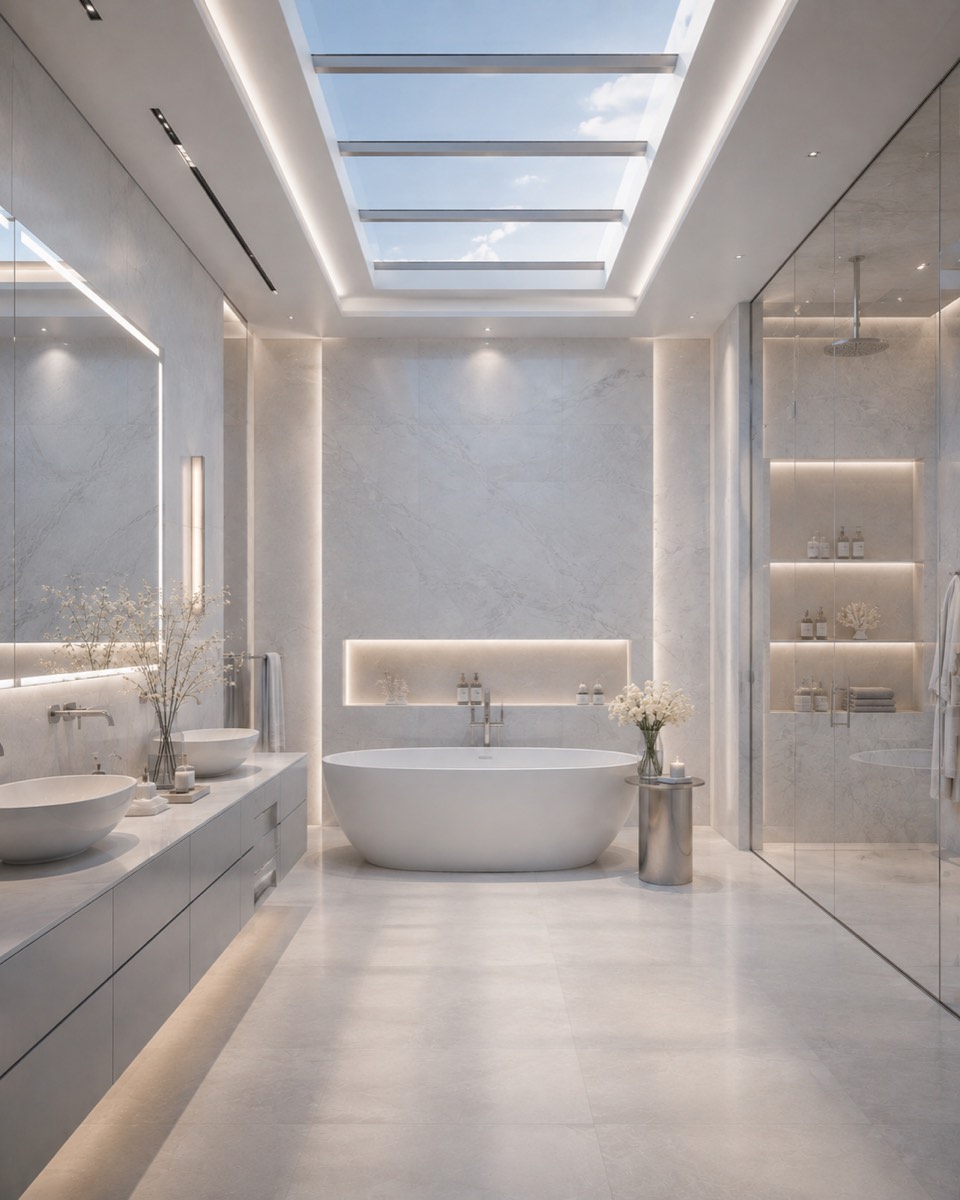 Randare 3D interior: baie placată cu marmură albă, cu cadă independentă și luminator zenital.