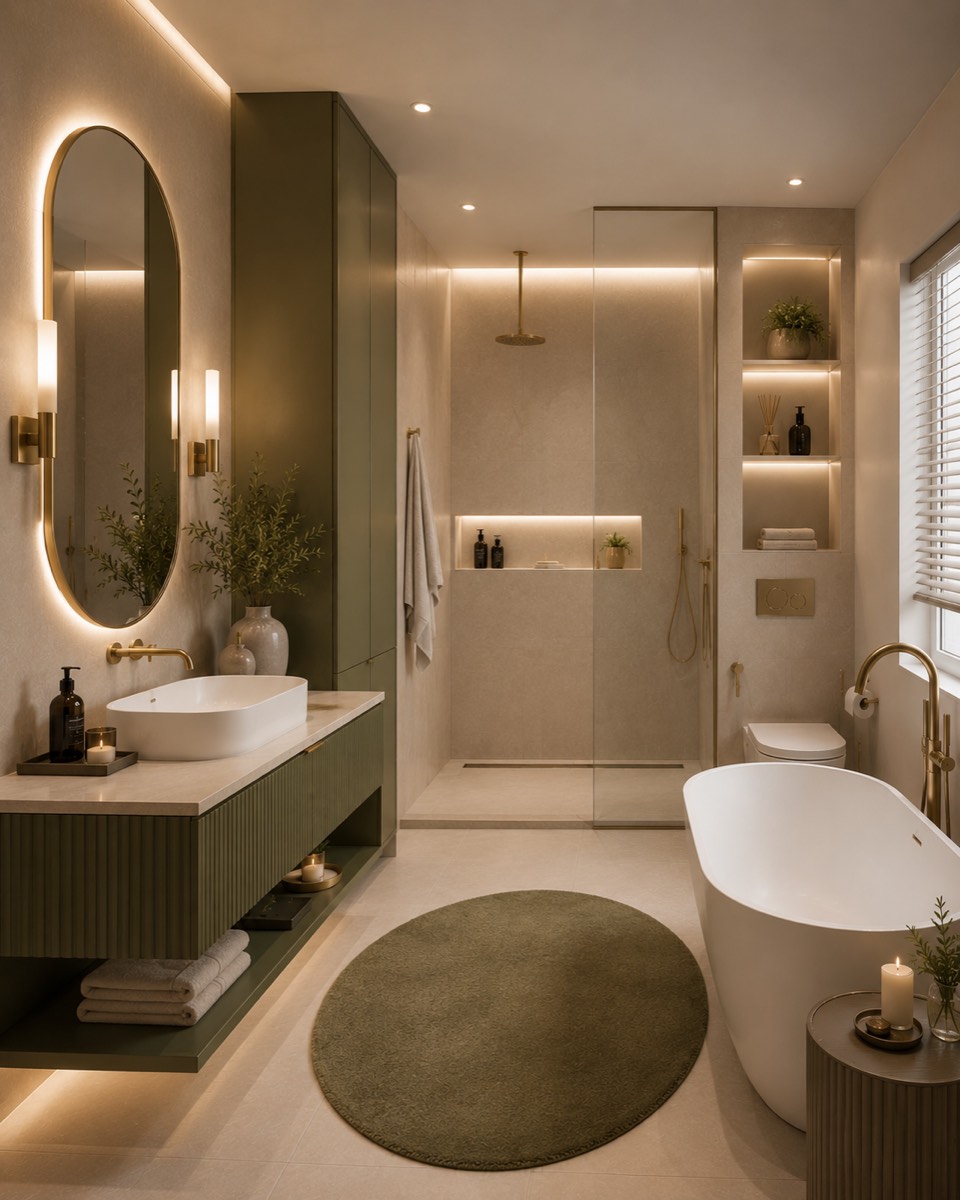 Randare 3D interior: baie în verde măsliniu și travertin, cu duș la nivel și baterii aurii.