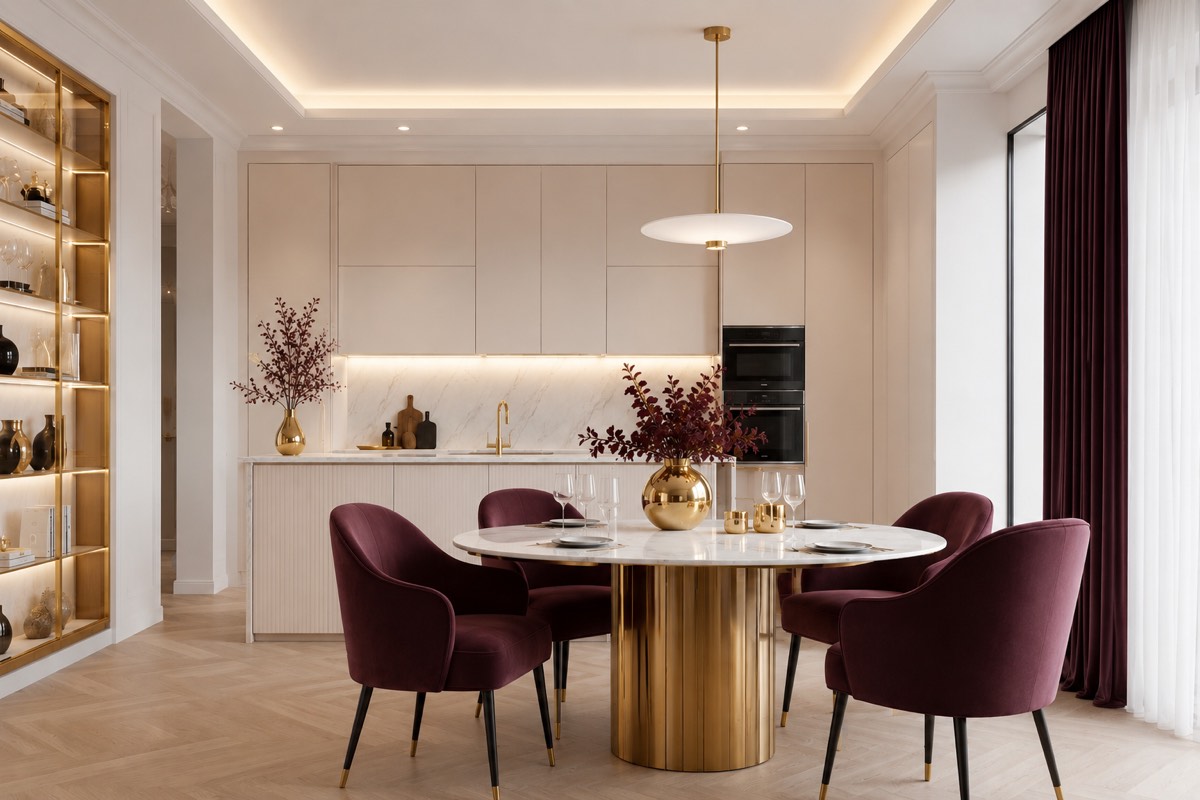 Randare 3D interior: bucătărie cu zonă de dining, mobilier crem, accente aurii și tapițerie bordo.