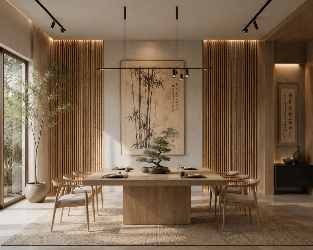 Randare 3D interior: zonă de dining în stil japandi, cu lambriu din lemn masiv, masă joasă și bonsai.