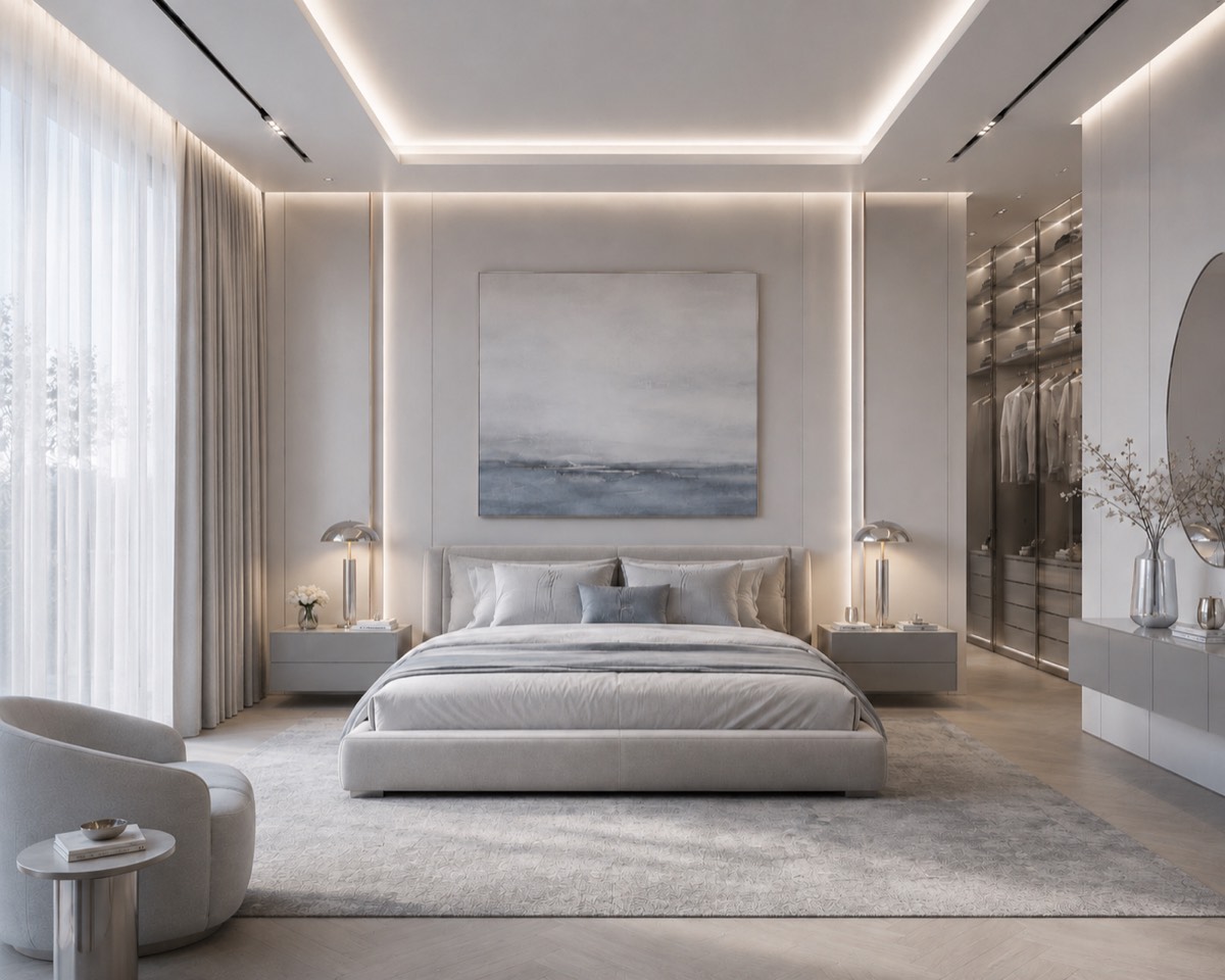 Randare 3D interior: dormitor matrimonial în nuanțe de gri deschis, cu dressing vitrat și iluminat perimetral.