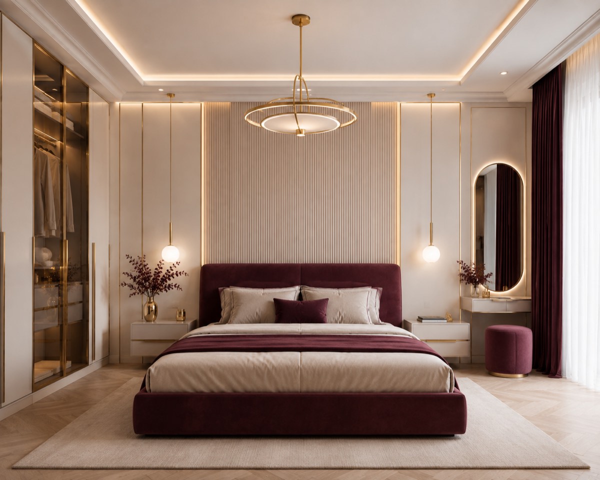 Randare 3D interior: dormitor elegant cu pat tapițat bordo, lambriu riflat și accente aurii.