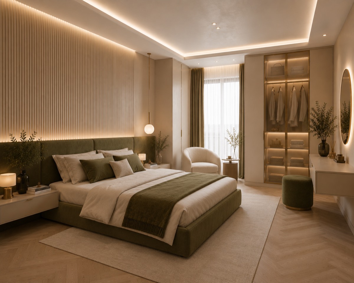 Randare 3D interior: dormitor în bej și verde măsliniu, cu tăblie tapițată și dressing iluminat.