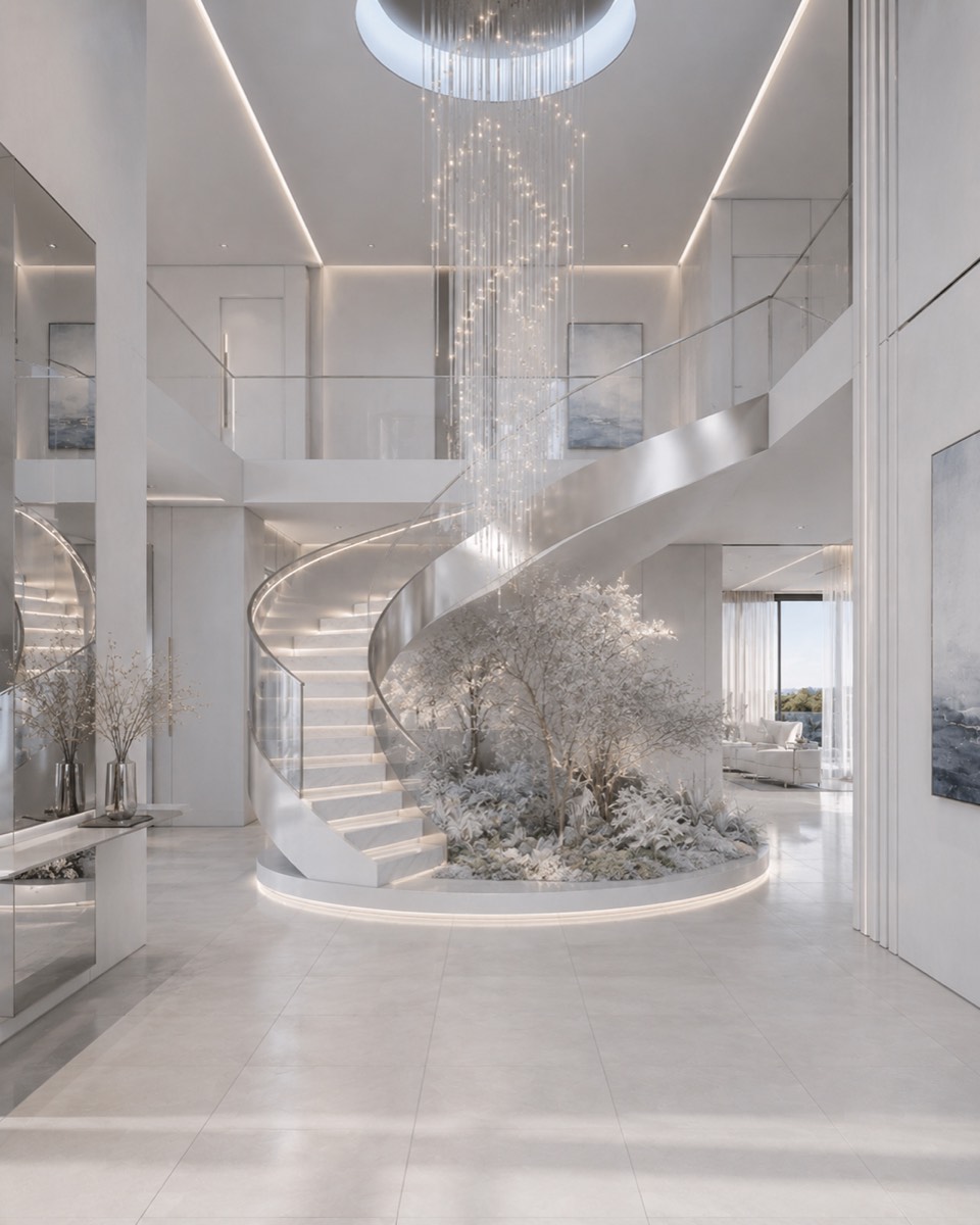 Randare 3D interior: hol de intrare pe două niveluri, cu scară elicoidală albă și candelabru suspendat.