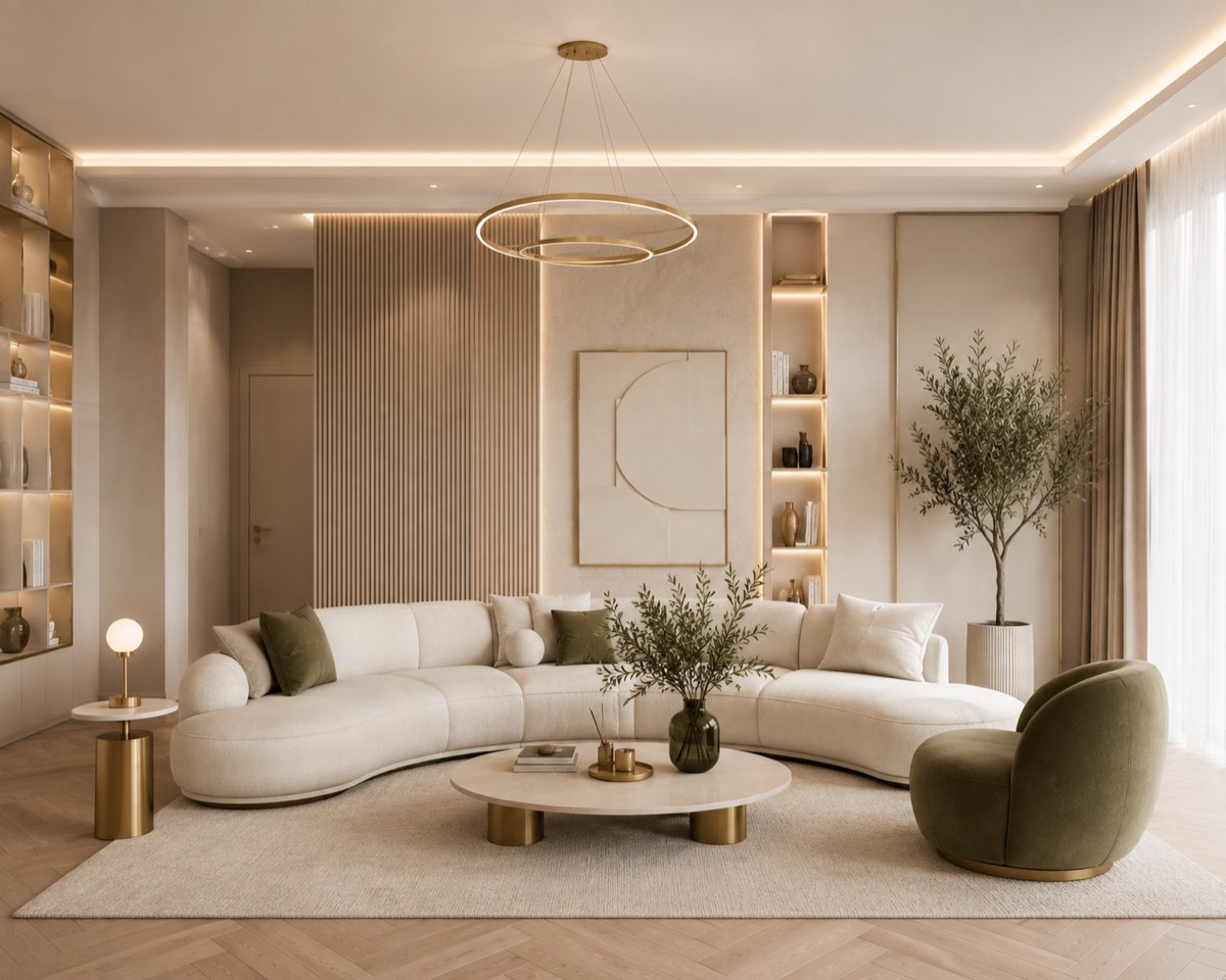 Randare 3D interior: living în tonuri de bej și verde măsliniu, cu canapea curbată și lambriu riflat.