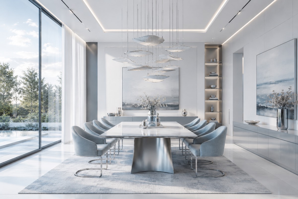 Randare 3D interior: sufragerie luminoasă cu masă din marmură, scaune gri-albastru și perete complet vitrat.